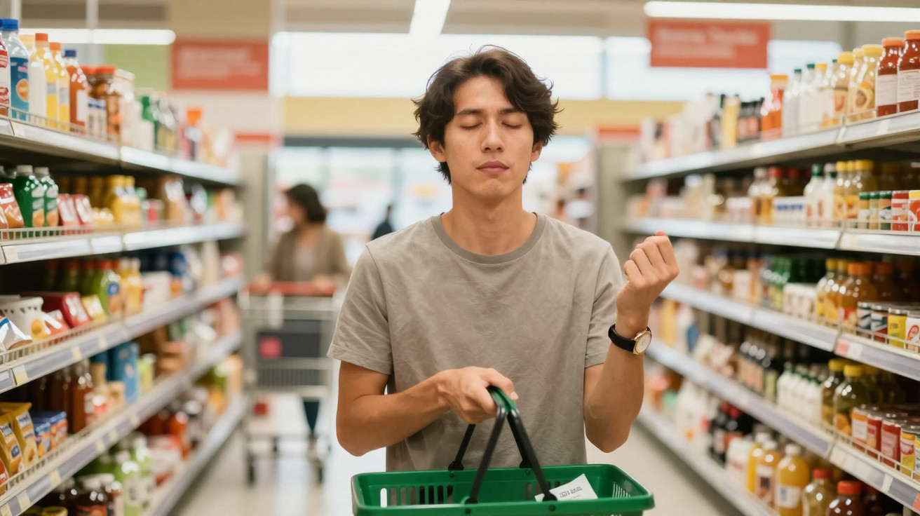 Homem jovem com olhos fechados e expressão serena a segurar cesto de compras num supermercado.