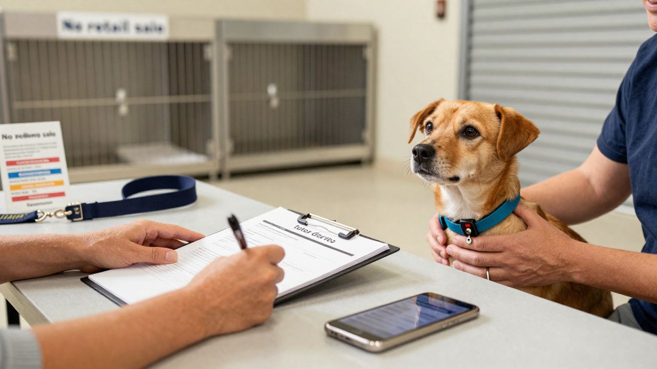Pessoa a preencher um formulário enquanto outra segura um cão com coleira azul numa clínica veterinária.