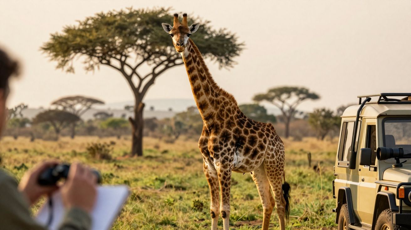 Girafa na savana africana observada por pessoa que faz anotações ao lado de jipe de safari.