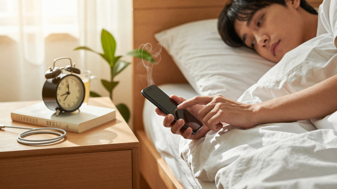 Homem na cama a usar telemóvel, com despertador e livros numa mesa ao lado iluminada pela luz natural.
