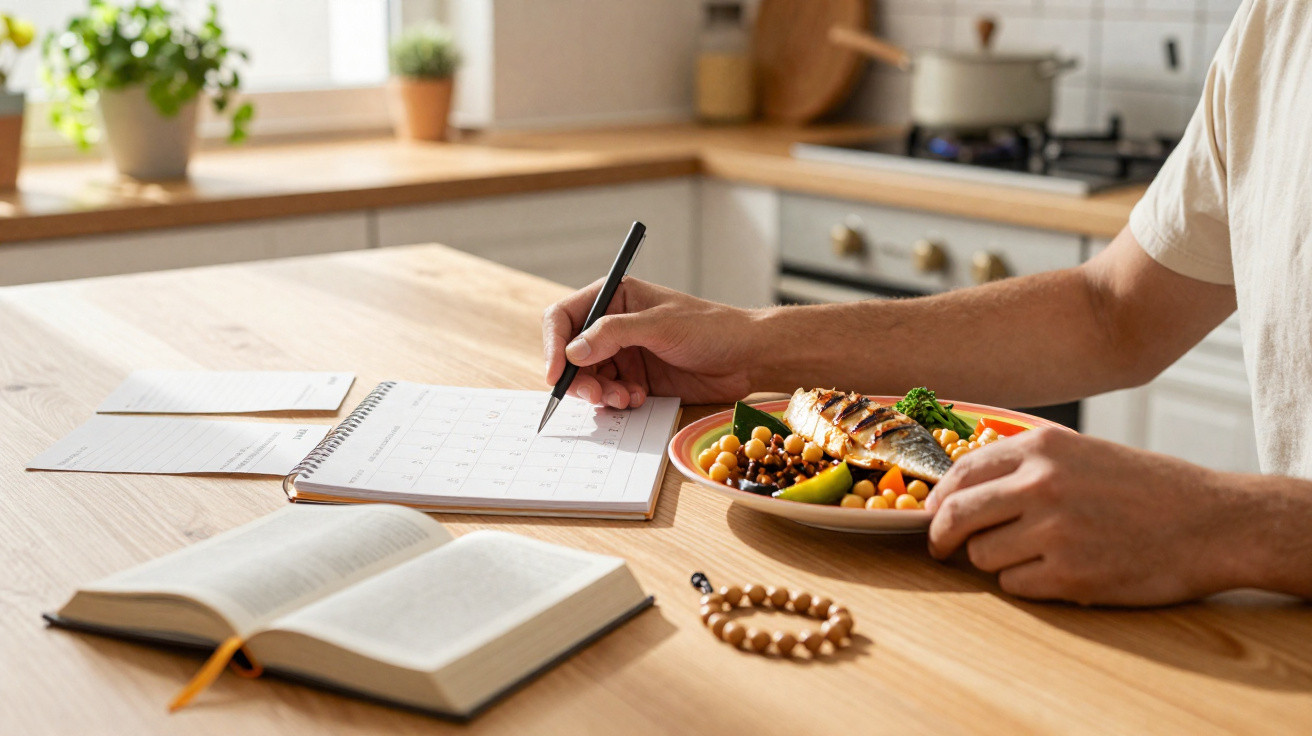 Pessoa a fazer anotações num calendário enquanto segura um prato com refeição saudável numa cozinha luminosa.