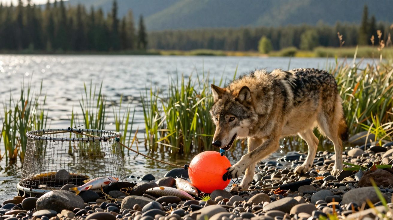Lobo junto a rio com balão laranja e rede de captura, em margem de seixos com vegetação e montanhas ao fundo.