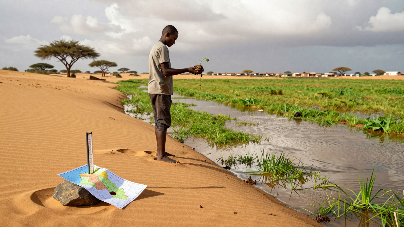 Homem de pé na margem de uma plantação cultivada junto a um pequeno canal de água em deserto.