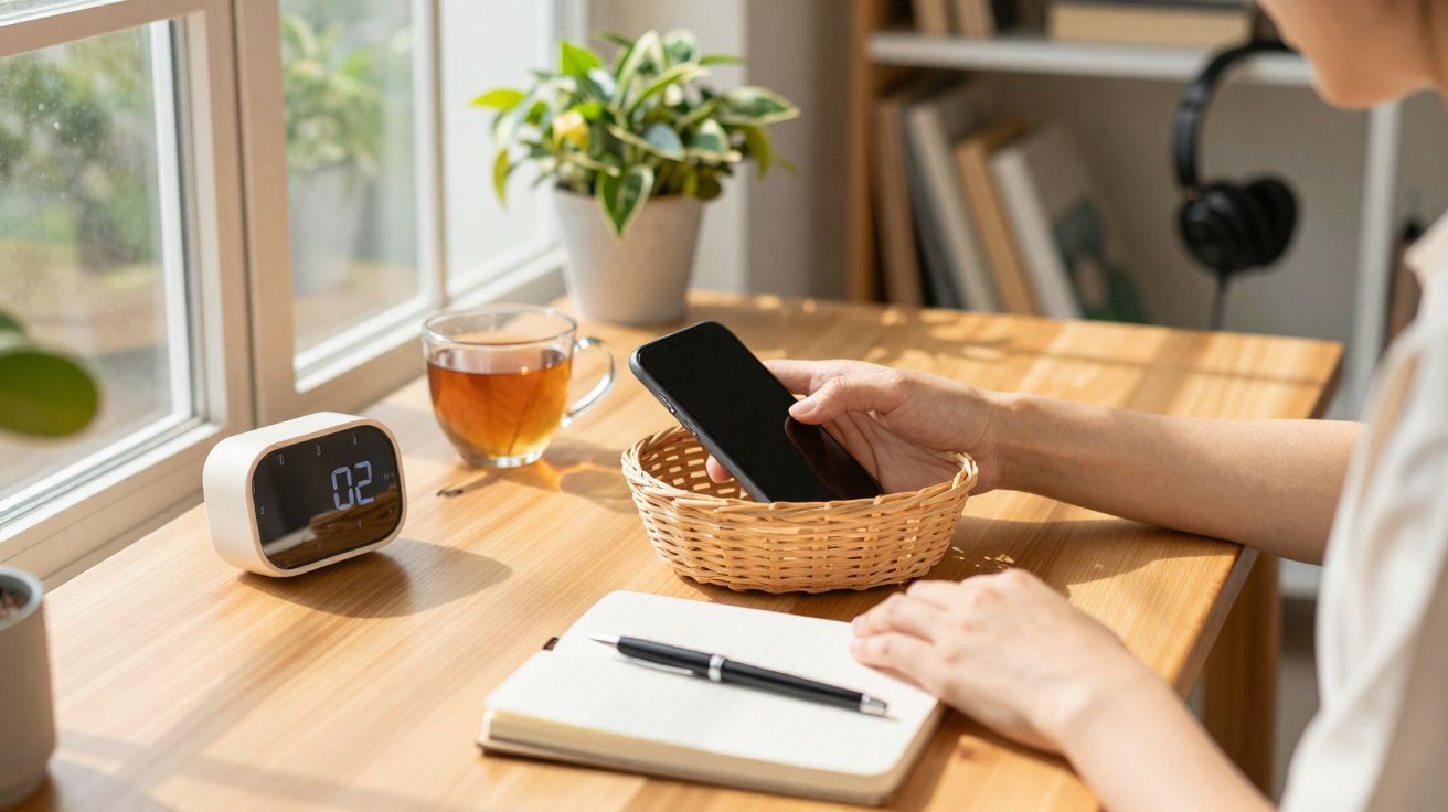 Pessoa a colocar um telemóvel numa cesta sobre uma secretária com caderno, caneta, relógio digital e chá.