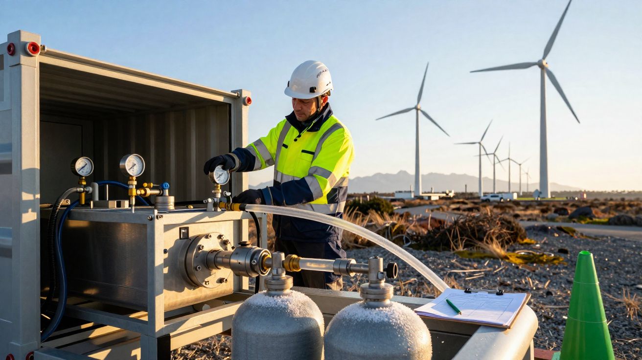 Técnico em colete refletor ajusta equipamento de medição junto a turbinas eólicas ao pôr do sol.