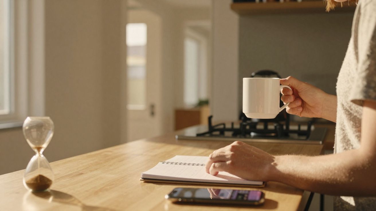 Pessoa a segurar chávena branca junto a bloco de notas, smartphone e ampulheta numa cozinha iluminada.