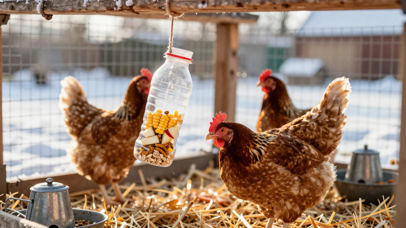 Galinha castanha num galinheiro com alimentação pendurada numa garrafa de plástico transparente.