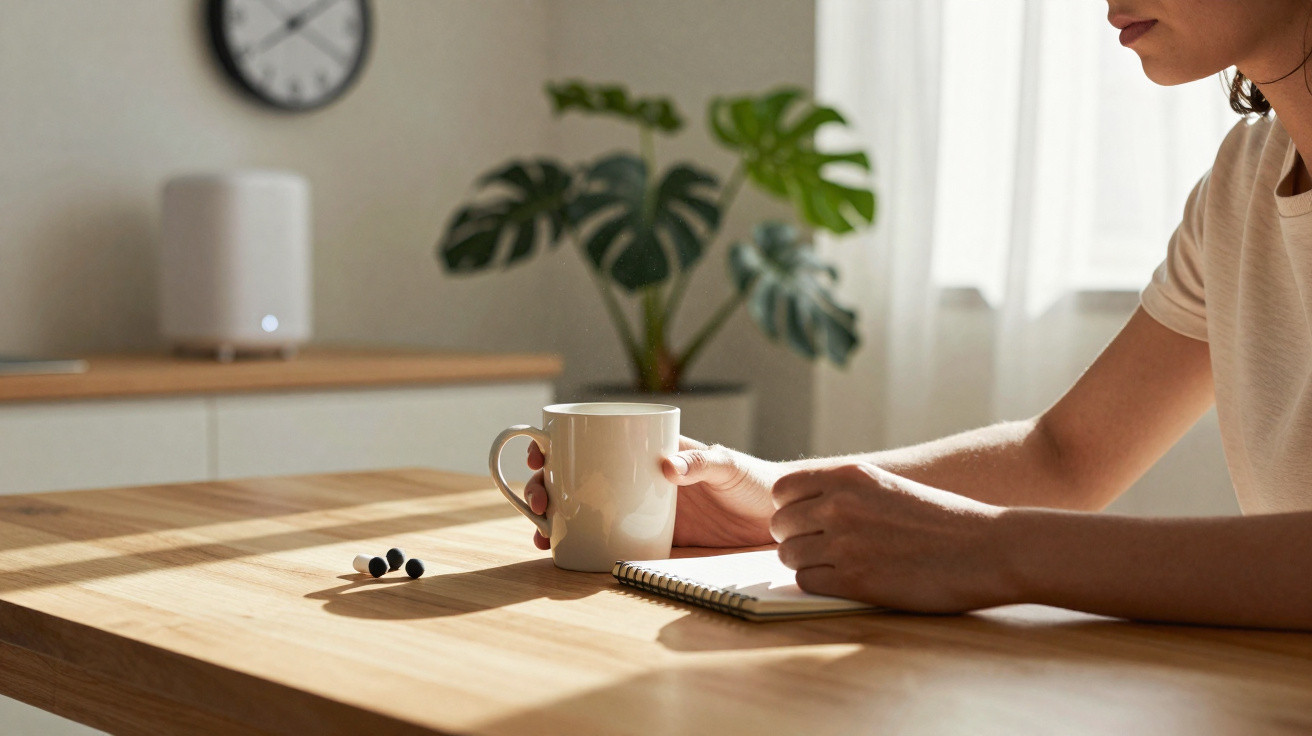 Pessoa sentada à mesa com caneca, caderno e auscultadores, ao lado de planta e relógio na parede.