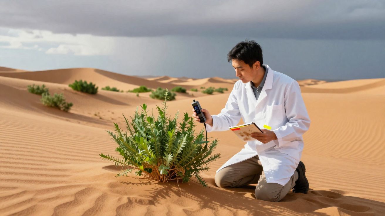 Cientista em bata branca mede a saúde de planta no deserto com dispositivo e caderno.