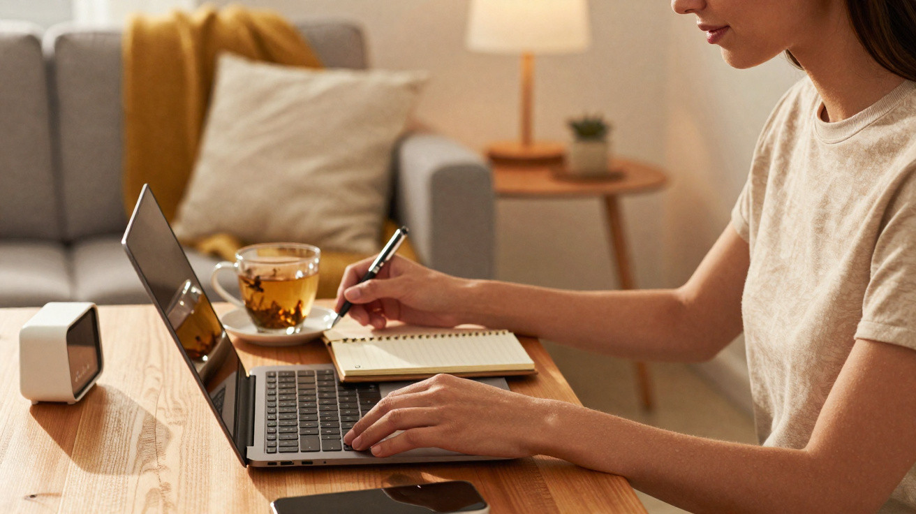 Pessoa a trabalhar em laptop, a escrever numa folha e a beber chá numa sala acolhedora.