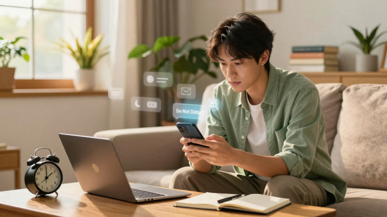 Jovem sentado no sofá a usar telemóvel, com computador portátil, caderno e relógio numa mesa à frente.