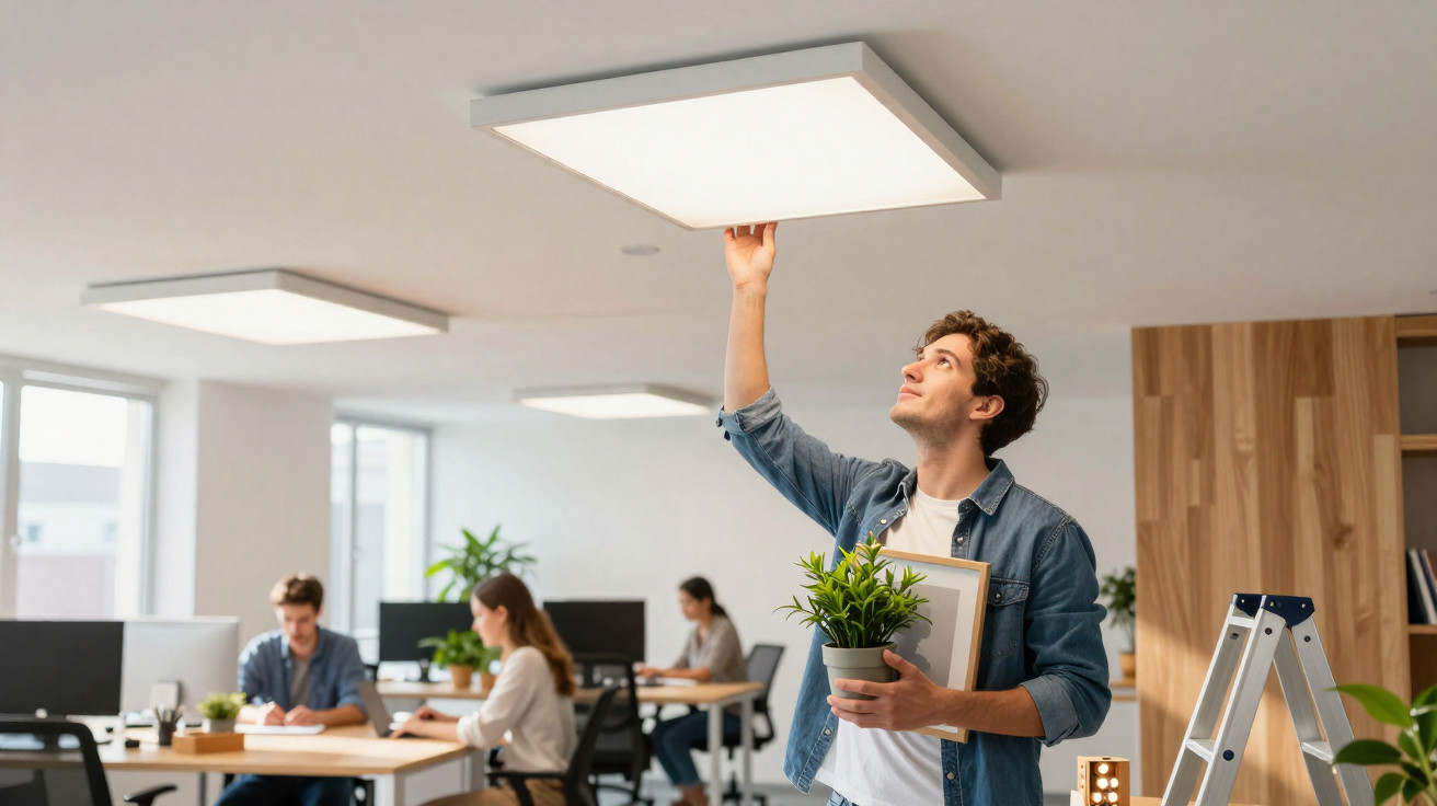 Homem segura planta e quadro enquanto ajusta luz no teto de escritório moderno com colegas ao fundo.
