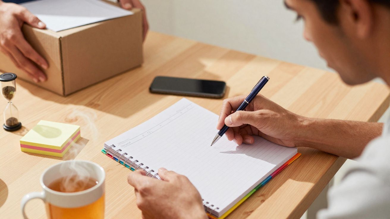 Pessoa escreve em caderno espiral sobre mesa com chá, smartphone, post-its e caixa de cartão.