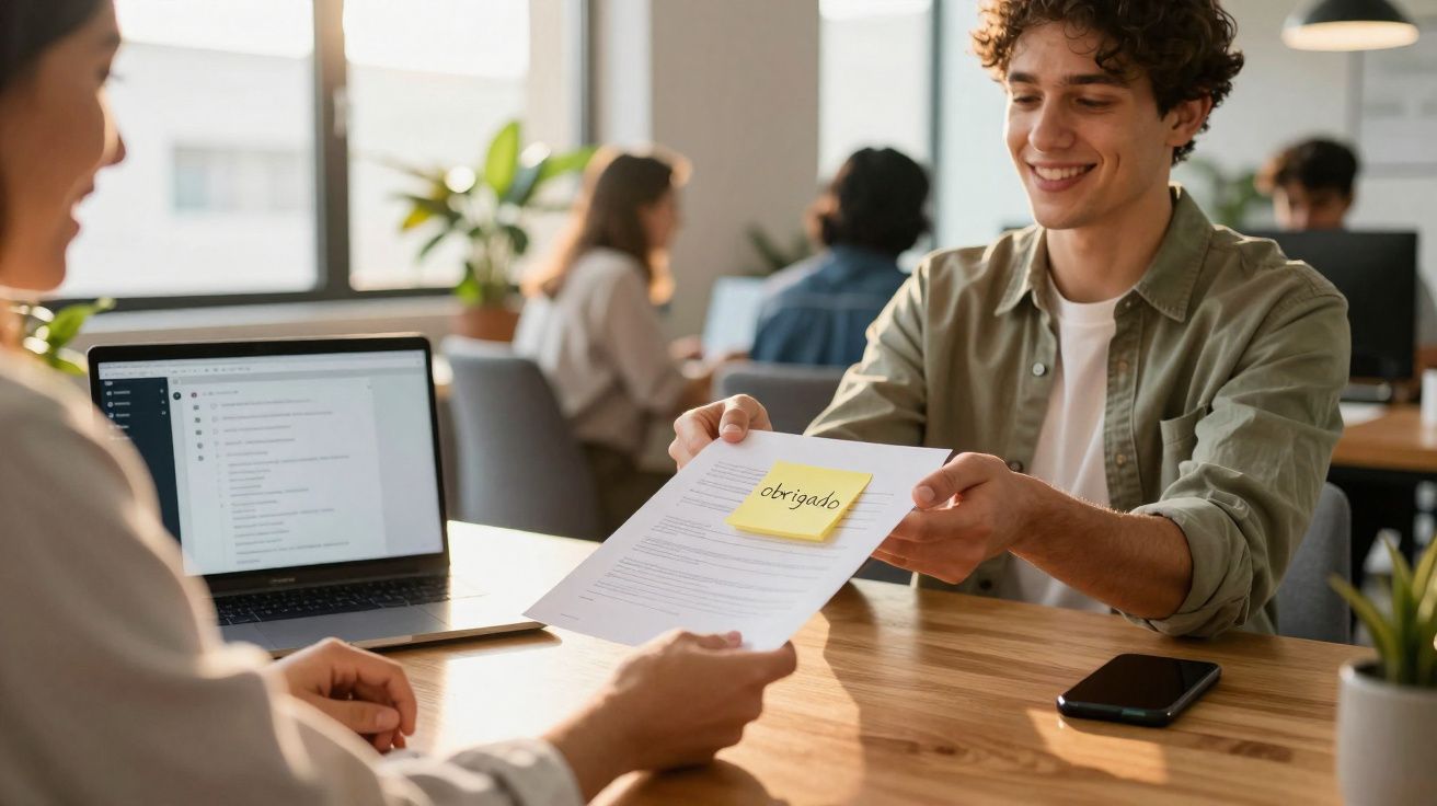 Homem sorridente entrega um documento com um post-it a dizer "obrigado" a outra pessoa numa mesa de trabalho.