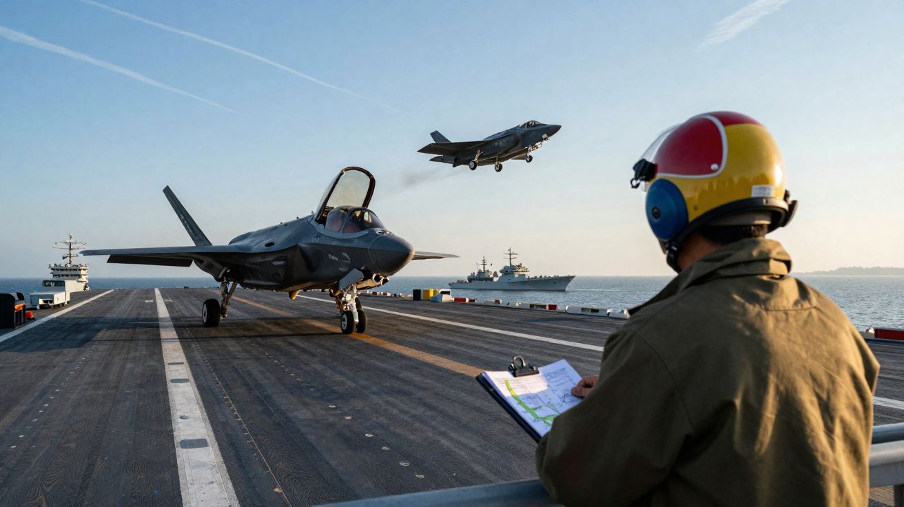Pista de porta-aviões com dois caças F-35 e militar com capacete colorido a observar e anotar em prancheta.