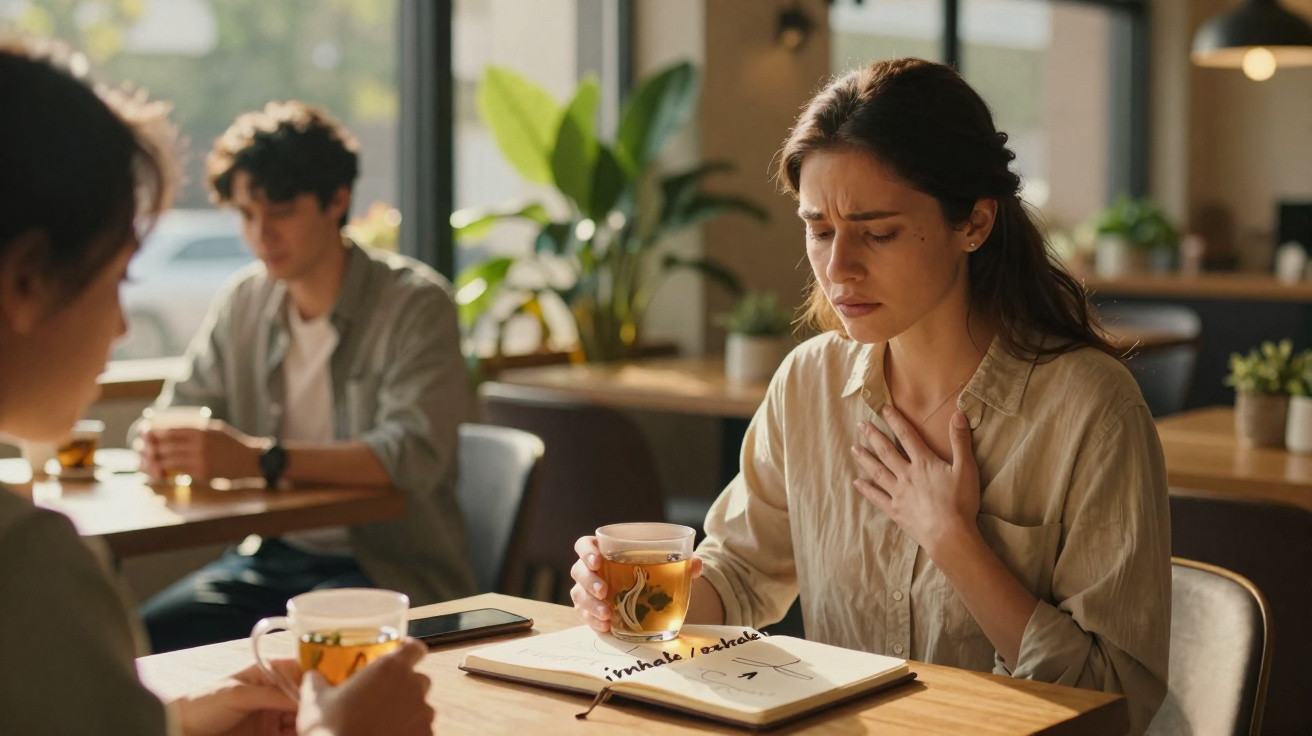 Mulher com expressão desconfortável segura chá e toca o peito, sentada numa mesa de café com outras pessoas ao fundo.