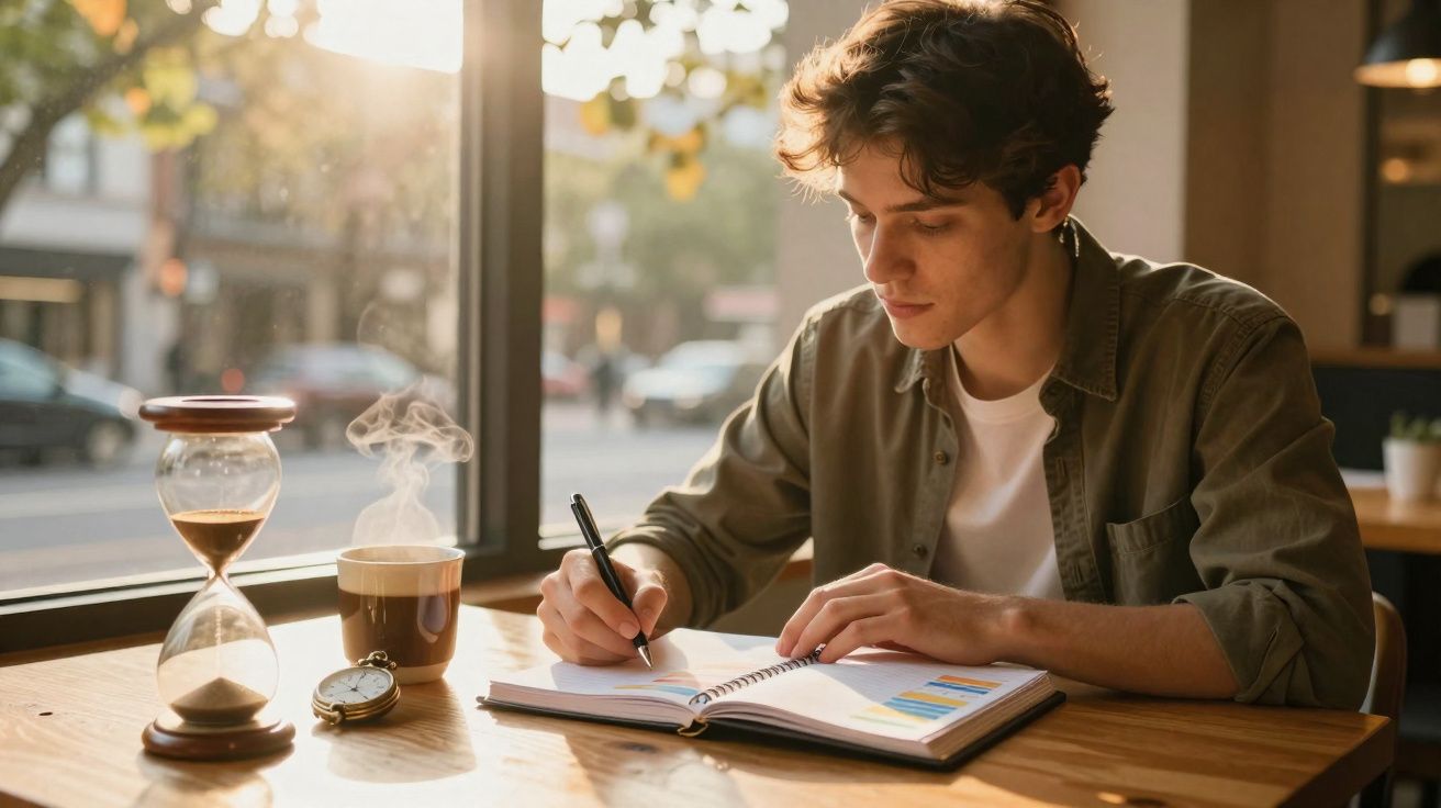 Jovem a escrever num caderno, sentado numa mesa perto da janela com chá quente e ampulheta.