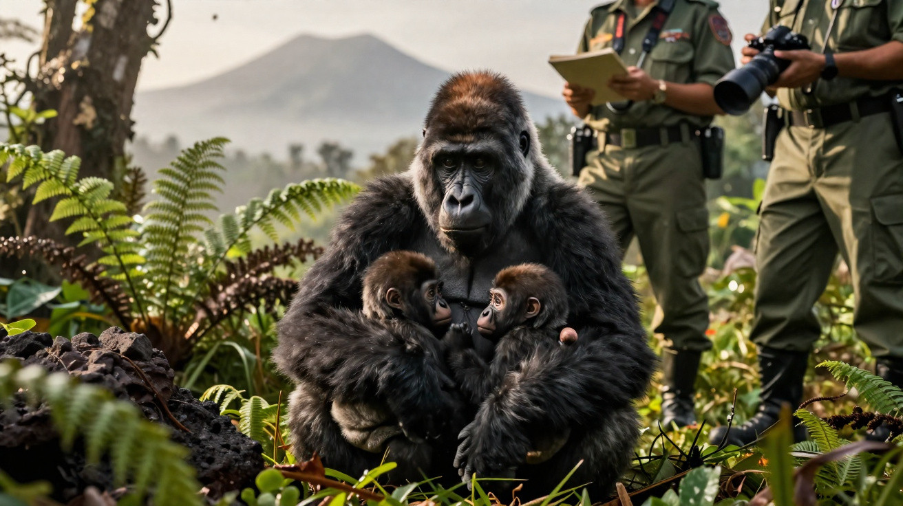 Gorila adulto abraçando dois bebés gorilas na selva, com soldados de uniforme e câmara fotográfica ao fundo.