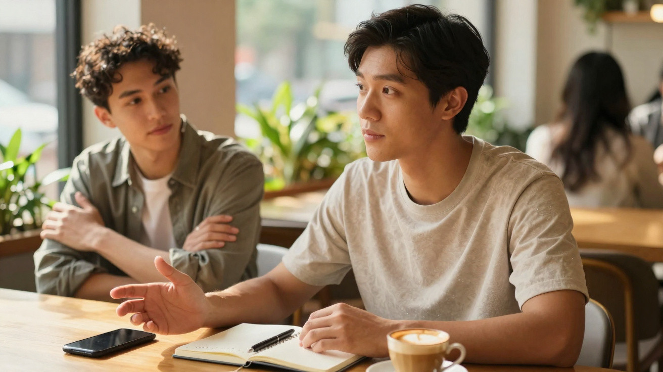 Dois jovens homens discutem enquanto um gesticula sentado à mesa com caderno e café num café iluminado.