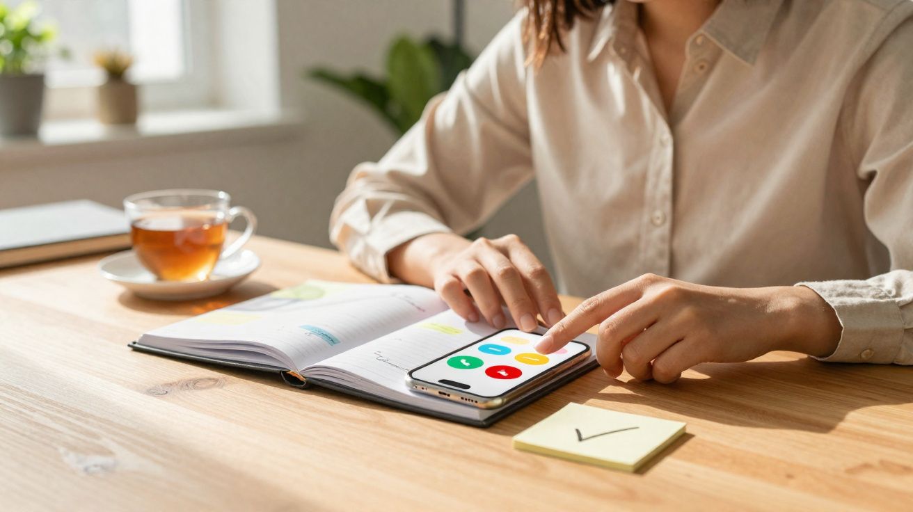 Pessoa a tocar num smartphone sobre um diário aberto numa mesa com chá e um post-it com visto.