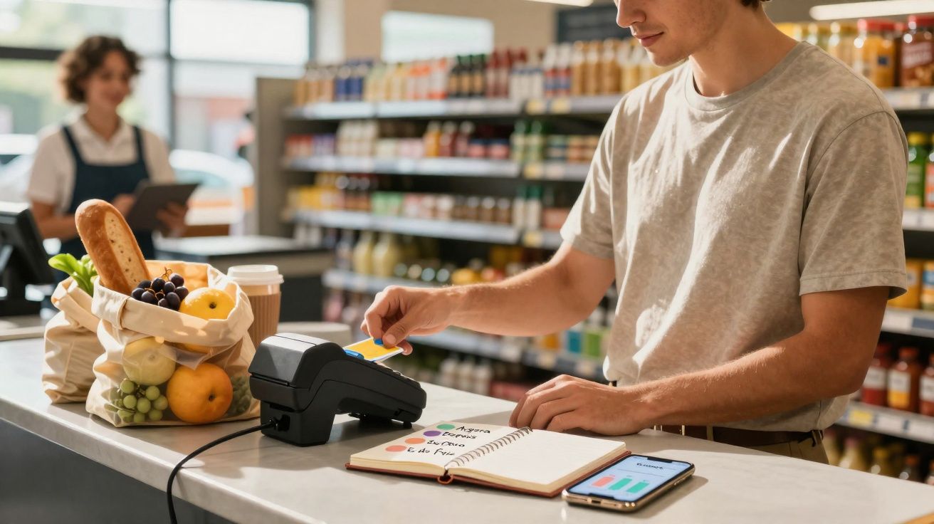 Homem a pagar com cartão contactless numa loja, com sacos de compras e telemóvel sobre o balcão.
