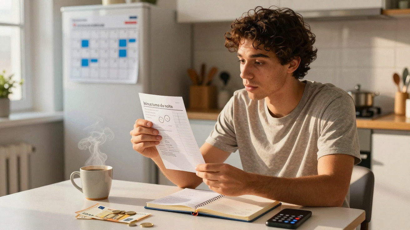 Jovem sentado à mesa a ler documento de finanças, com café, caderneta, moedas e calculadora na mesa.