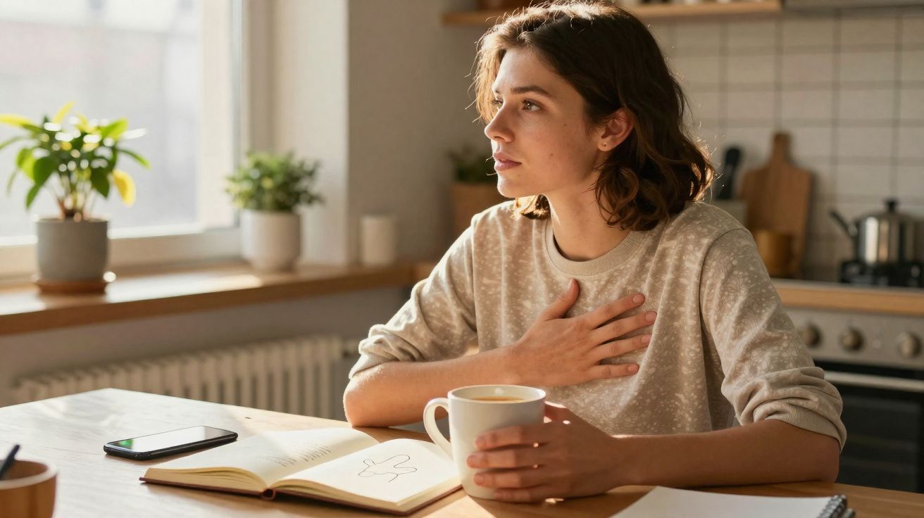 Mulher sentada numa cozinha com uma chávena de café, livro aberto e olhar pensativo.