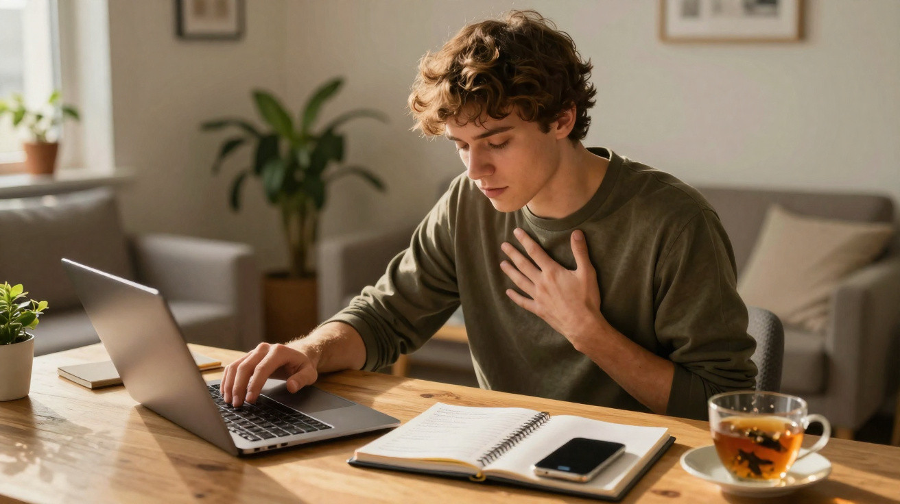 Jovem sentado a estudar em casa com portátil, caderno e chá numa mesa de madeira iluminada pela luz natural.