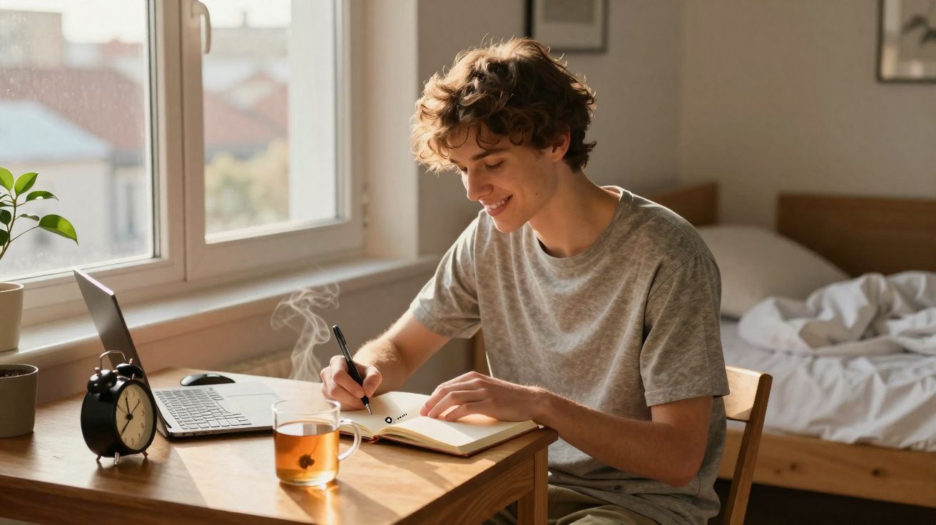 Jovem sentado a escrever num caderno junto a uma mesa com computador, relógio e chá fumegante, num quarto iluminado.