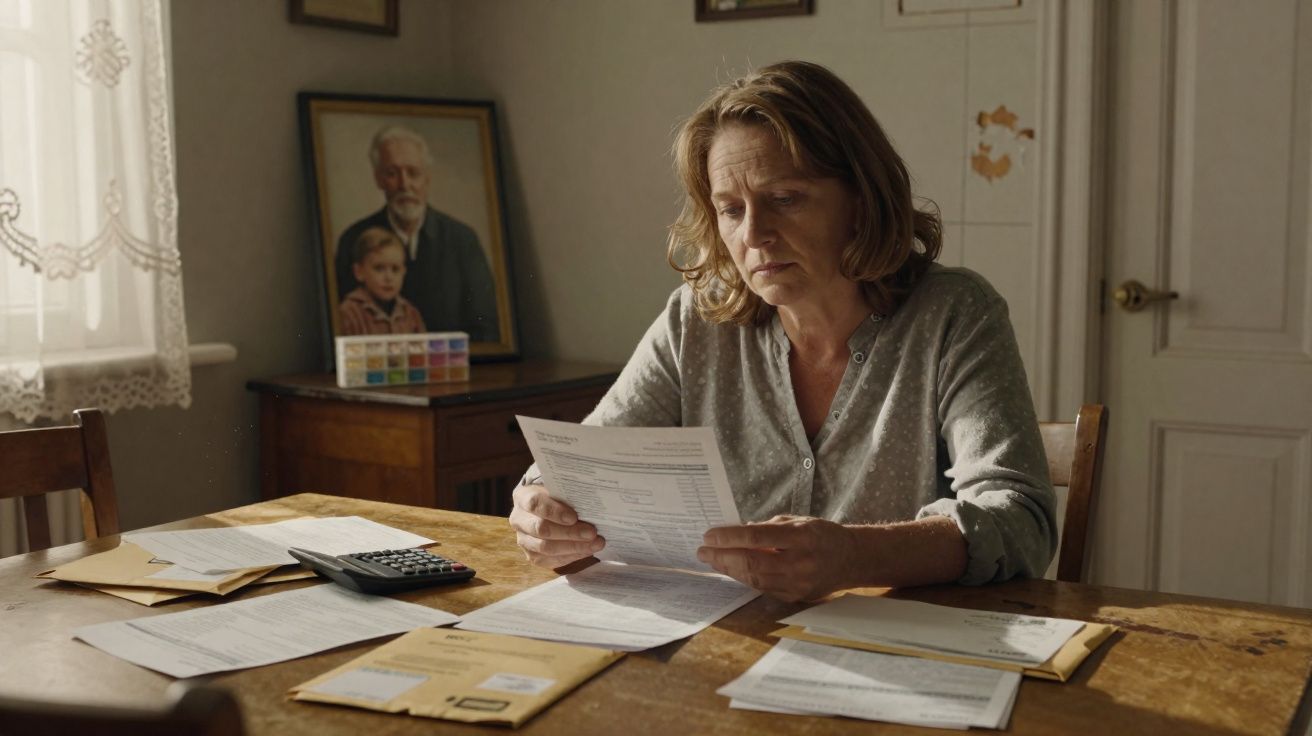 Mulher preocupada lê documentos à mesa com envelopes e calculadora numa sala iluminada pela janela.