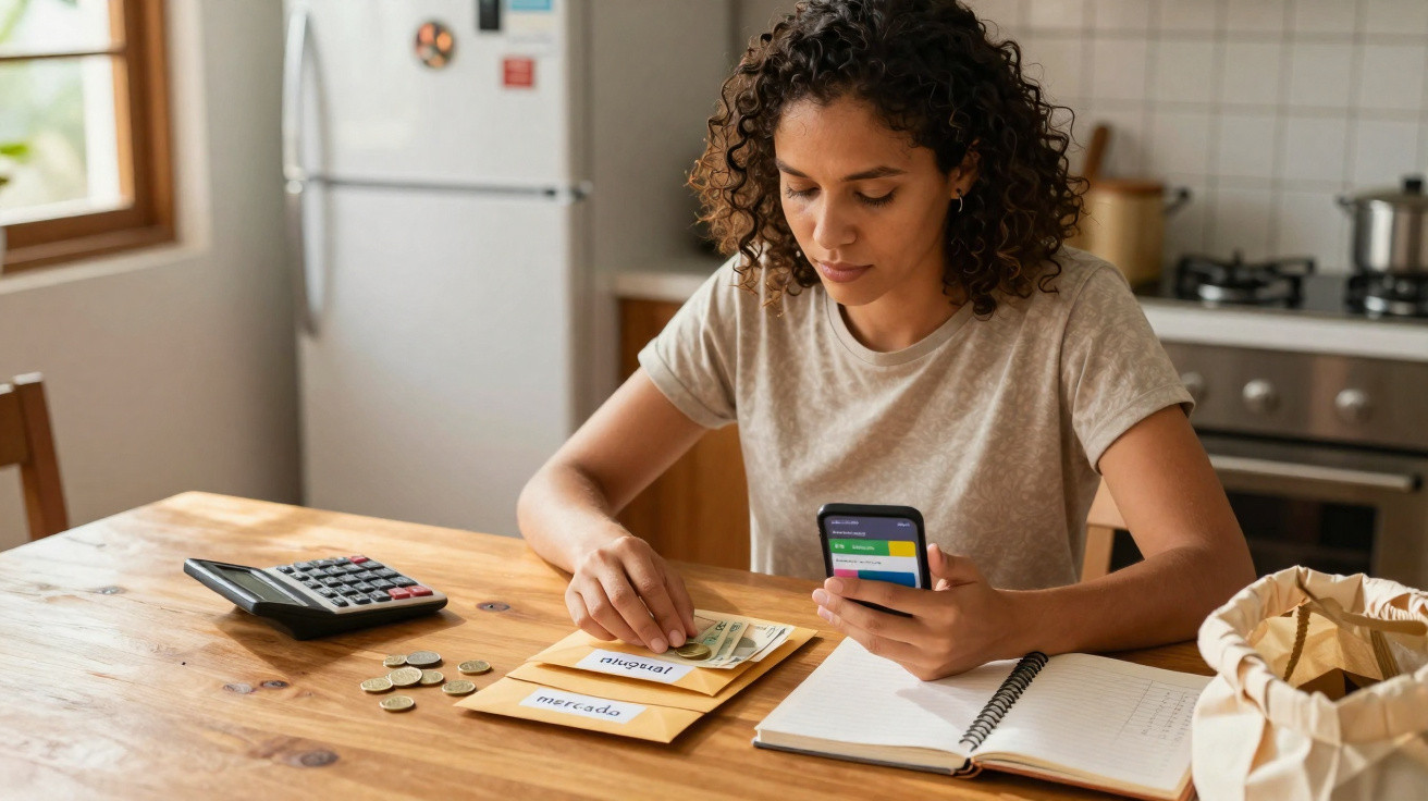 Mulher a organizar dinheiro em envelopes para orçamento familiar, com calculadora e caderno numa cozinha.