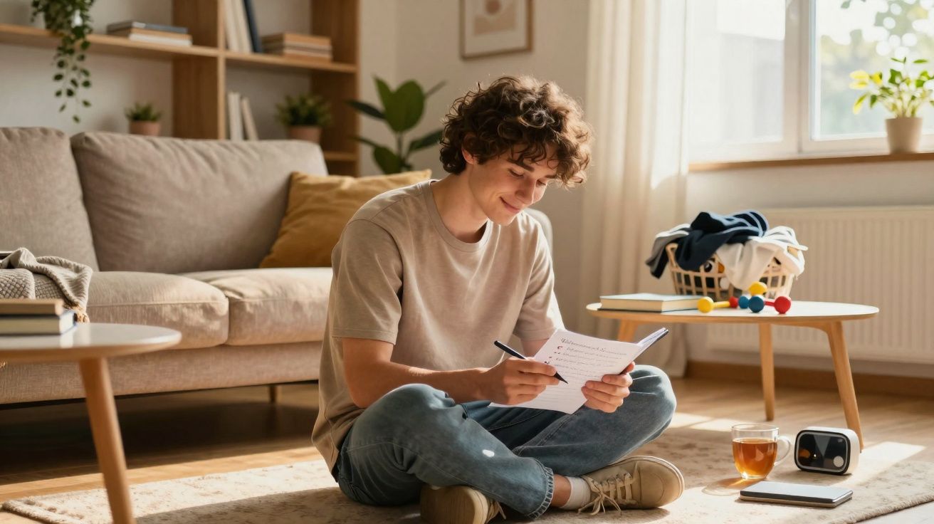Jovem sentado no chão de sala a escrever num caderno, rodeado de mobiliário e luz natural.