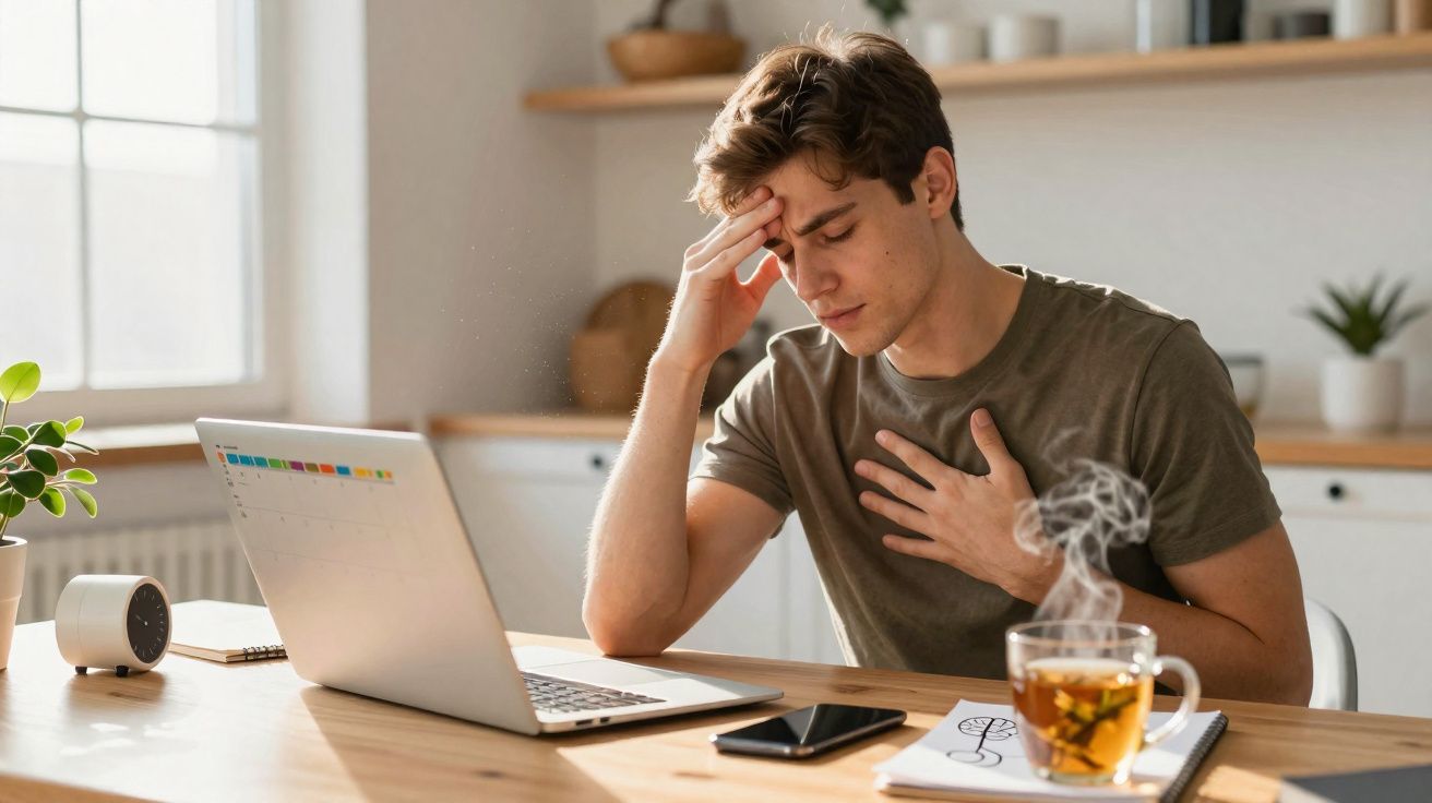 Homem jovem sentado à mesa com expressão de dor, segurando a cabeça e o peito, laptop e chá à sua frente.