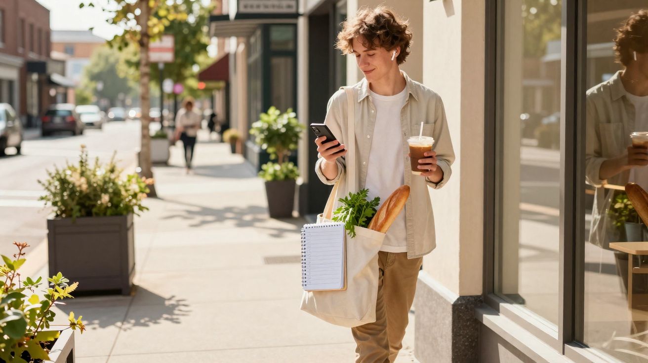 Jovem a passear numa rua com saco de compras e bebida, a olhar para o telemóvel e a ouvir música com auscultadores.