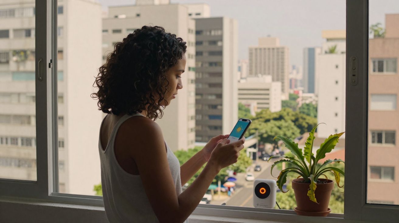 Mulher com cabelo encaracolado vê o telemóvel junto à janela de um apartamento, planta e dispositivo em destaque.