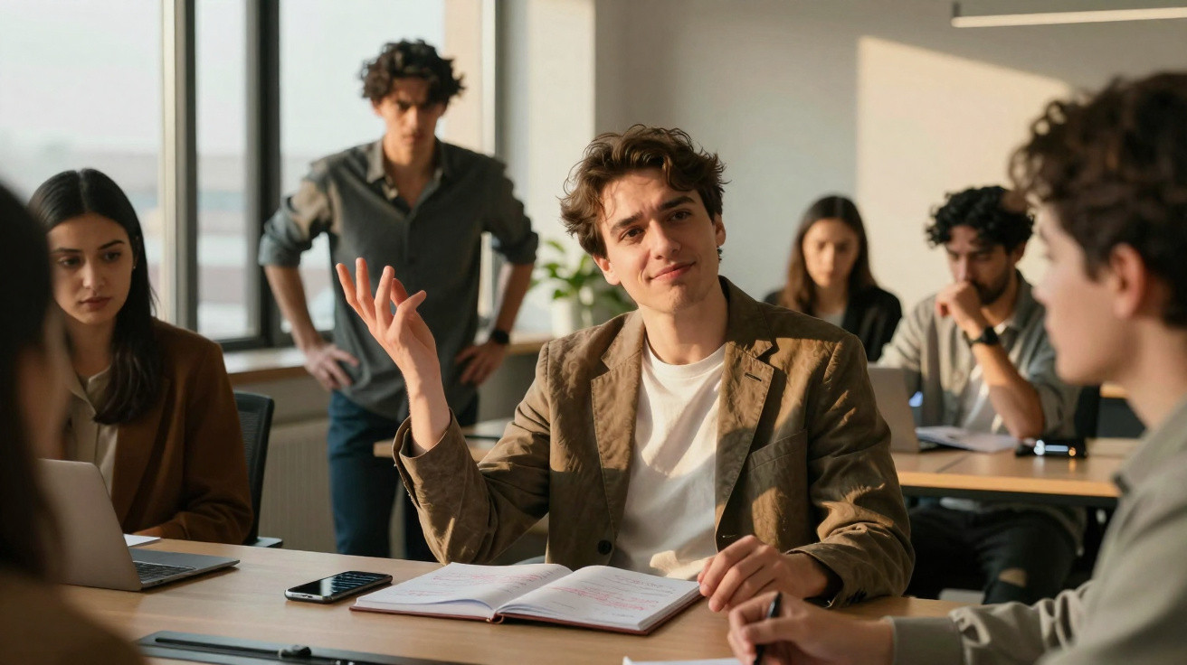 Jovem fala numa reunião de trabalho com colegas atentos numa sala iluminada por luz natural.