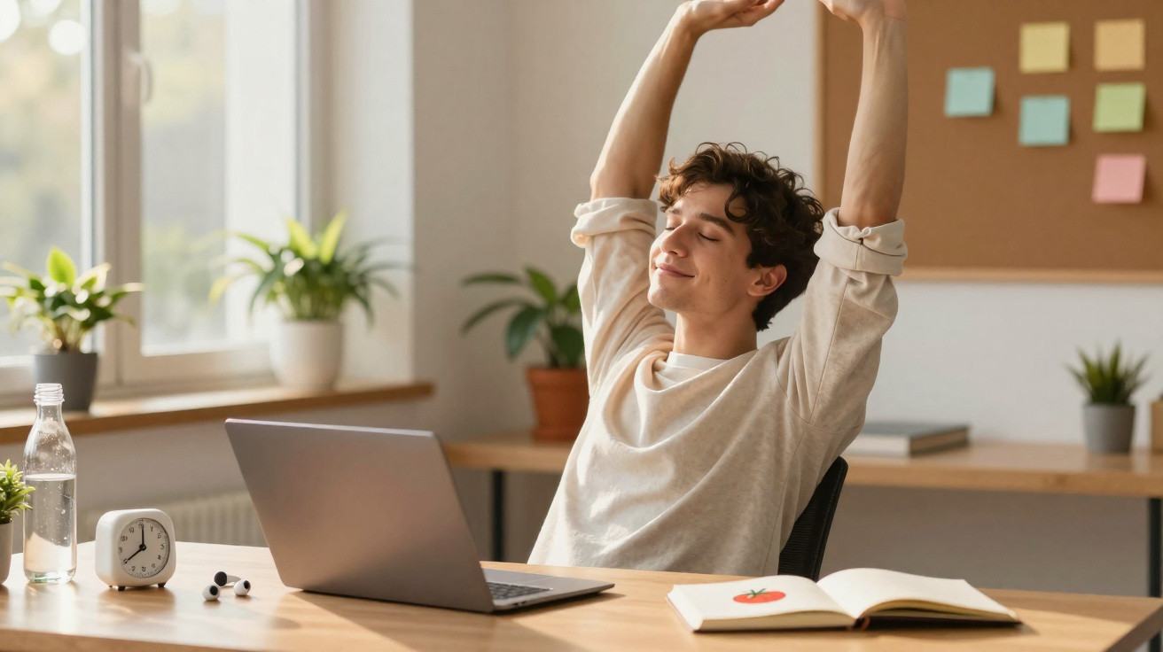 Jovem sentado a esticar os braços, com portátil, caderno, relógio e plantas num escritório iluminado.