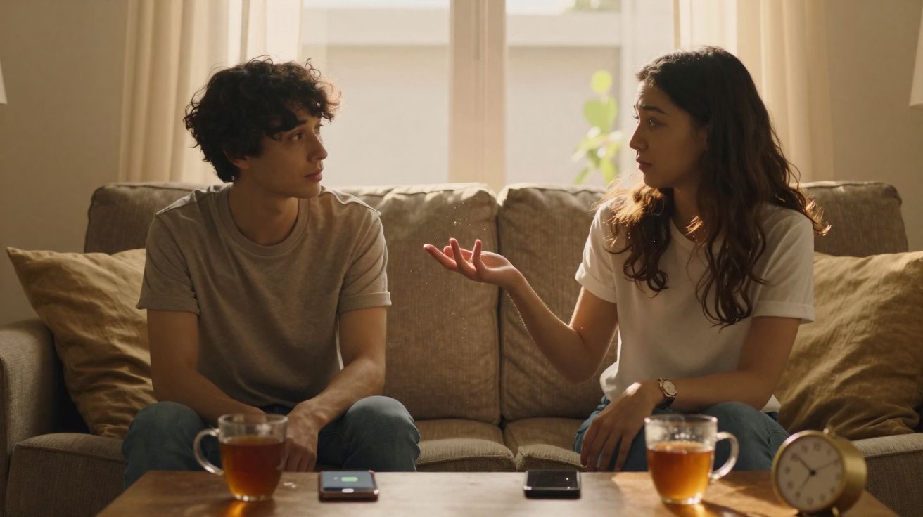 Casal sentado no sofá a conversar, com duas chávenas de chá e telemóveis numa mesa à frente.
