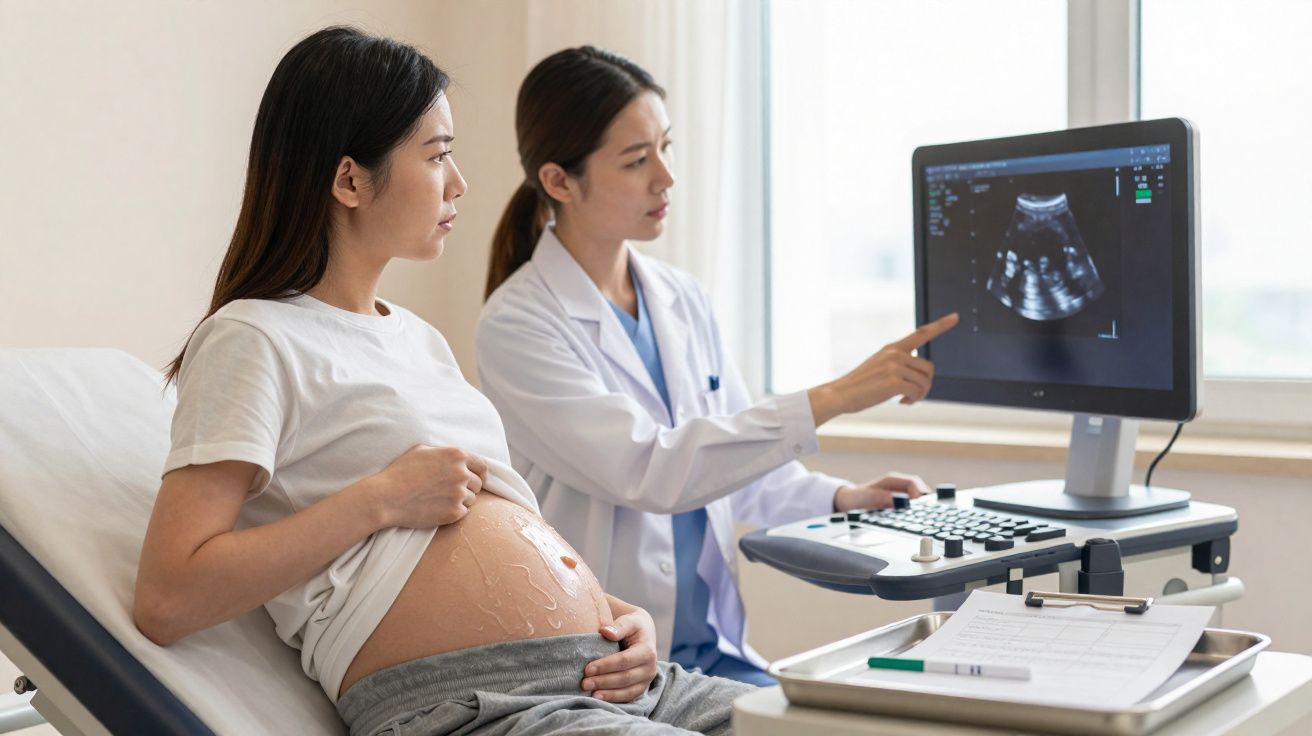 Mulher grávida sentada na clínica com médica a mostrar ultrassom no ecrã de computador.