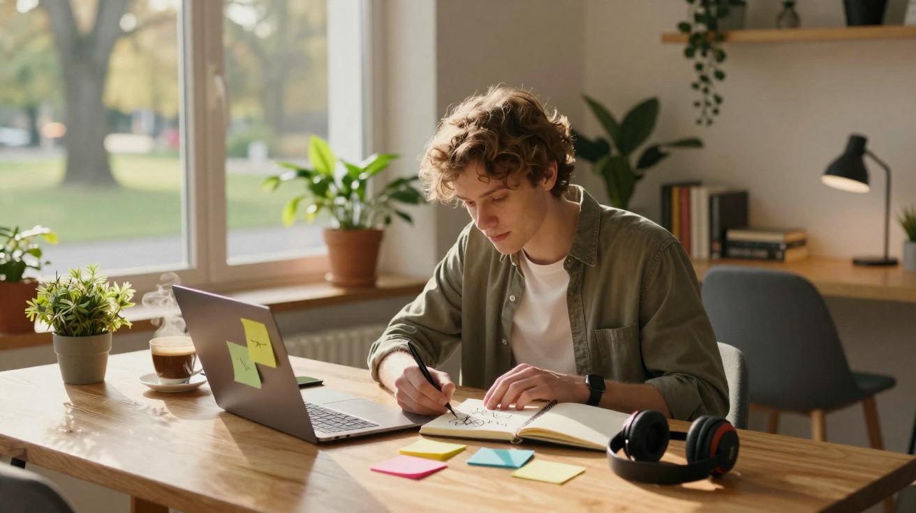 Jovem a estudar numa mesa com computador portátil, cadernos, notas e chá numa sala iluminada e com plantas.