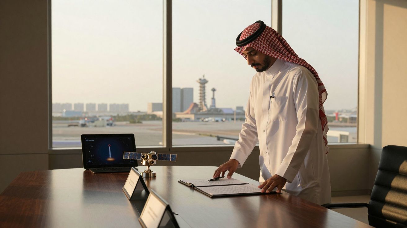 Homem árabe a analisar documentos numa sala com vista para aeroporto e modelo de satélite na mesa.
