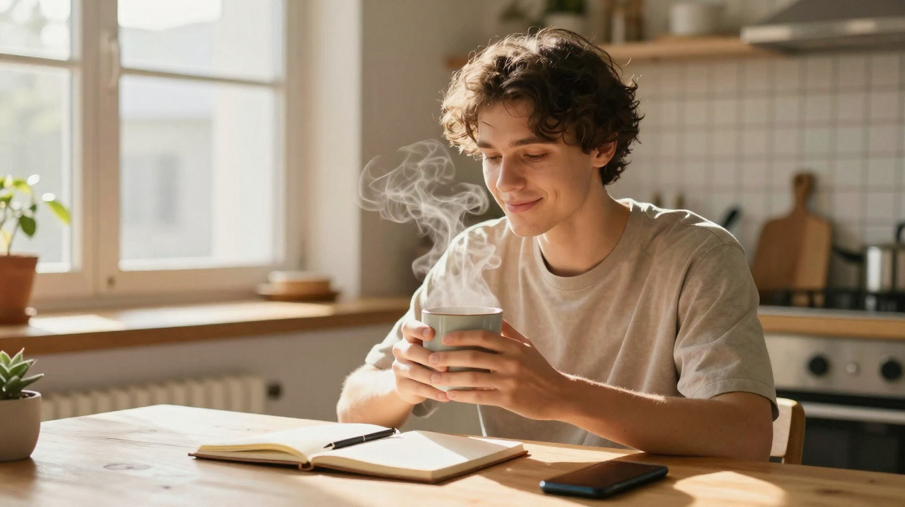 Jovem sentado à mesa de cozinha a segurar uma chávena quente enquanto lê um caderno aberto.