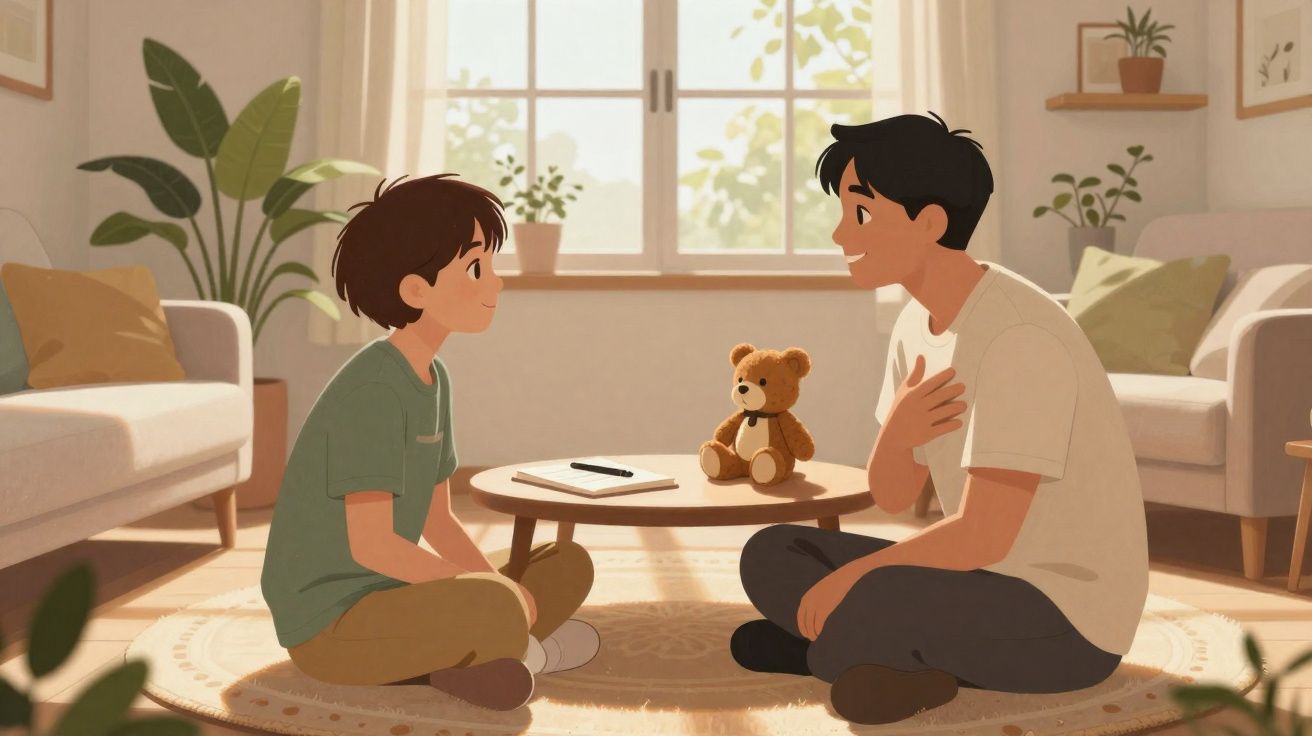 Ilustração de um adulto e uma criança sentados no chão a conversar numa sala acolhedora e iluminada.
