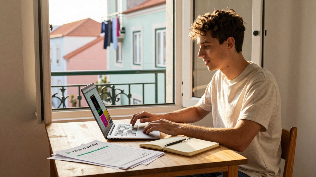 Jovem sentado a trabalhar num computador portátil junto a uma janela aberta com documentos e caderno na mesa.