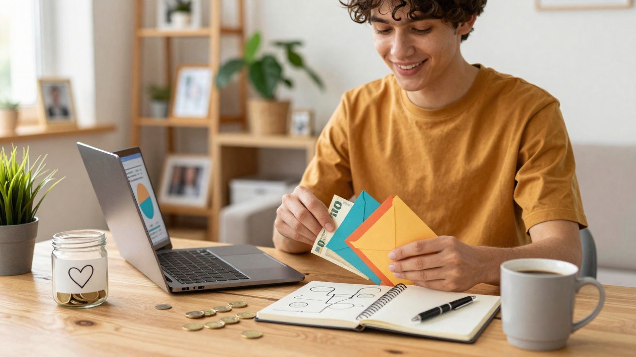 Pessoa sorridente a organizar envelopes com dinheiro ao lado de computador portátil e caderno numa mesa.