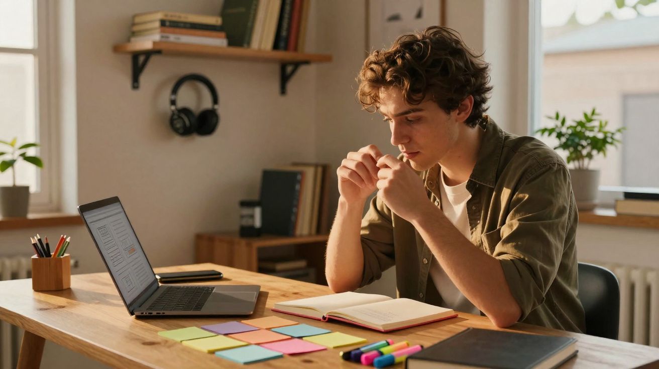 Jovem concentrado a estudar com laptop, caderno e notas coloridas numa mesa de madeira iluminada.
