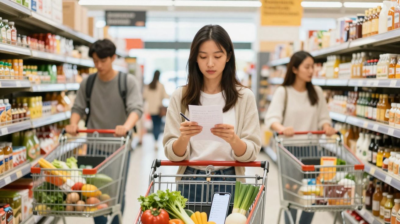 Mulher com carrinho de compras cheio de legumes a ler lista num supermercado movimentado.