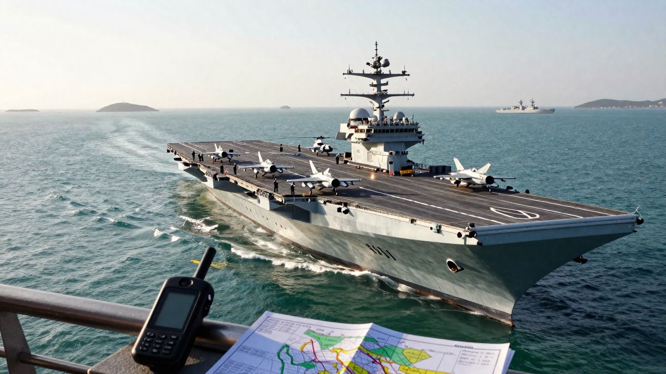 Porta-aviões naval em mar aberto com aviões na pista e ilhas ao fundo, visto de um convés com rádio e mapa.