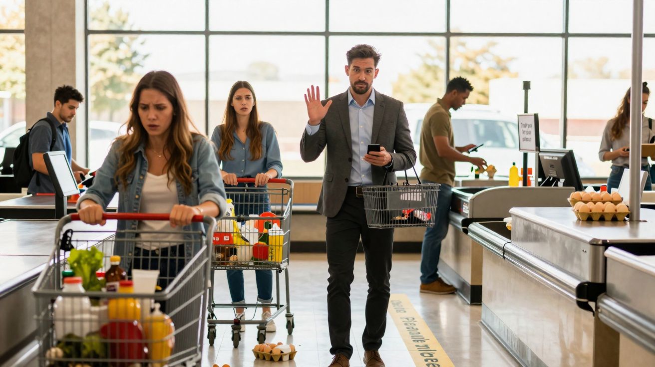 Clientes em fila no supermercado com carrinhos e cestos a aguardar para passar na caixa.