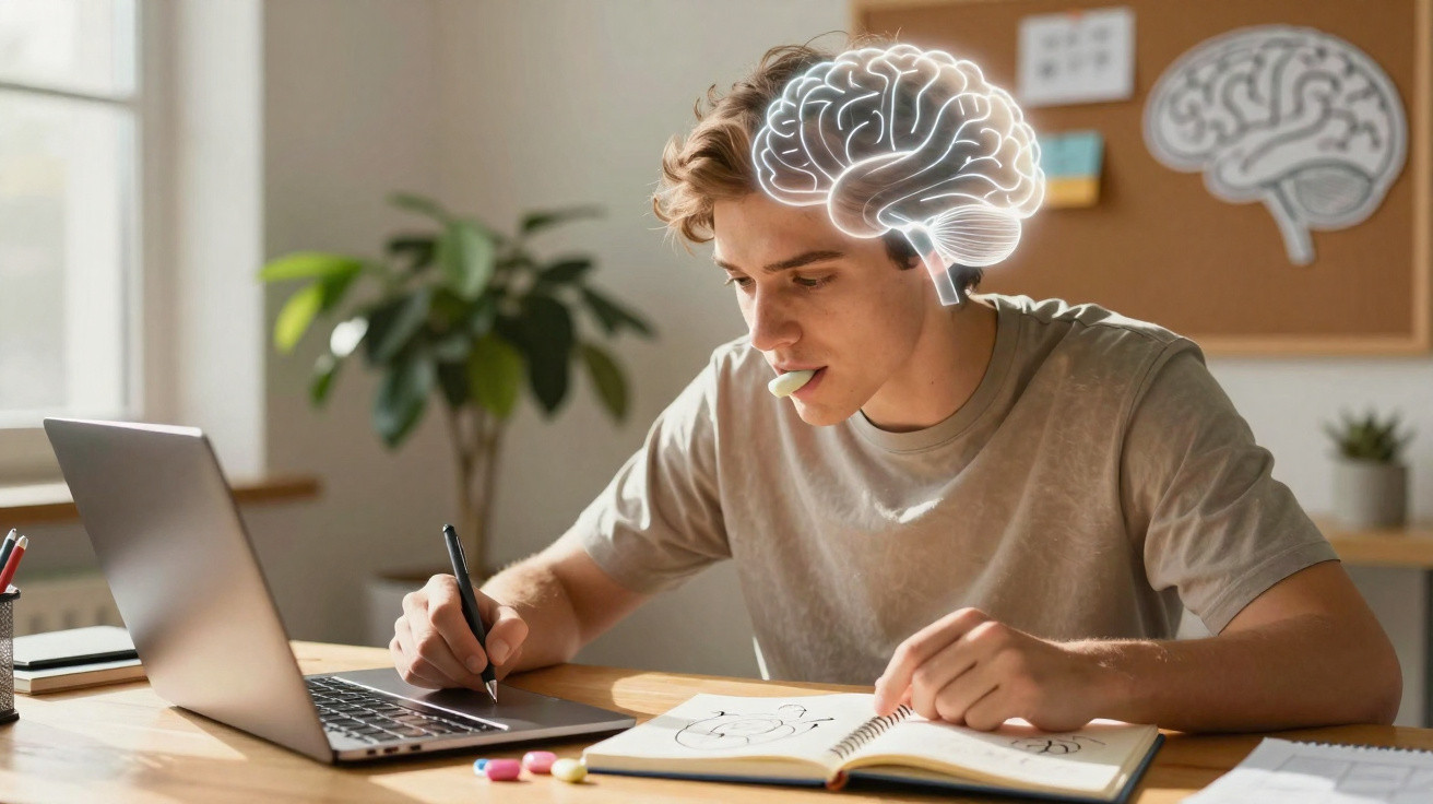 Jovem a estudar e a desenhar no caderno com um cérebro digital iluminado sobre a cabeça.